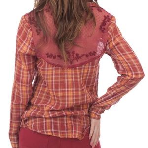 Free People saddle up lace plaid shirt. Maroon.